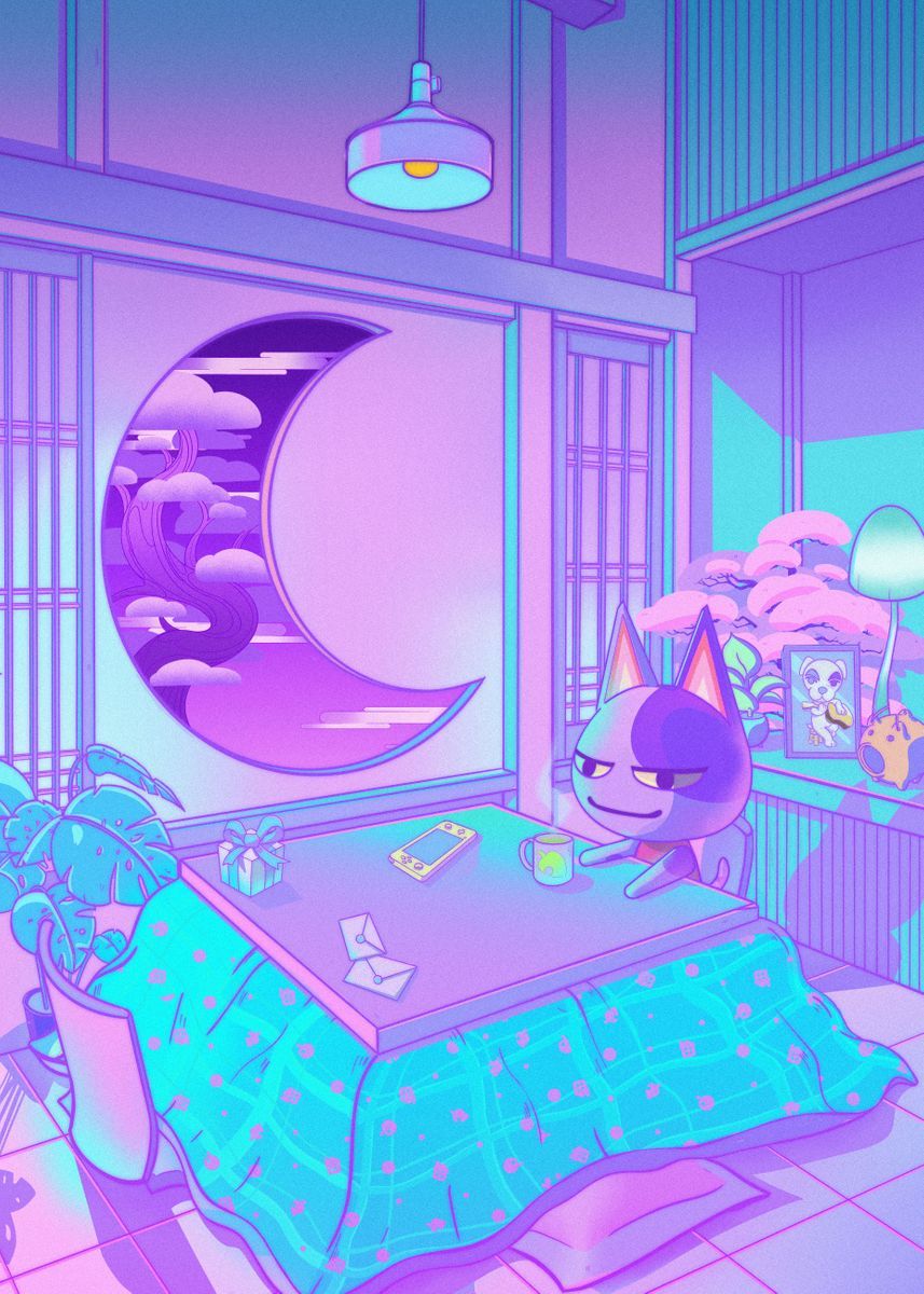 80s Vaporwave Style Poster City Night Street Cat