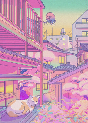 80s Vaporwave Style Poster City Night Street Cat