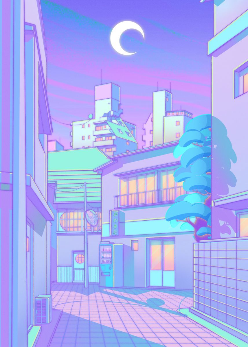 80s Vaporwave Style Poster City Night Street Cat