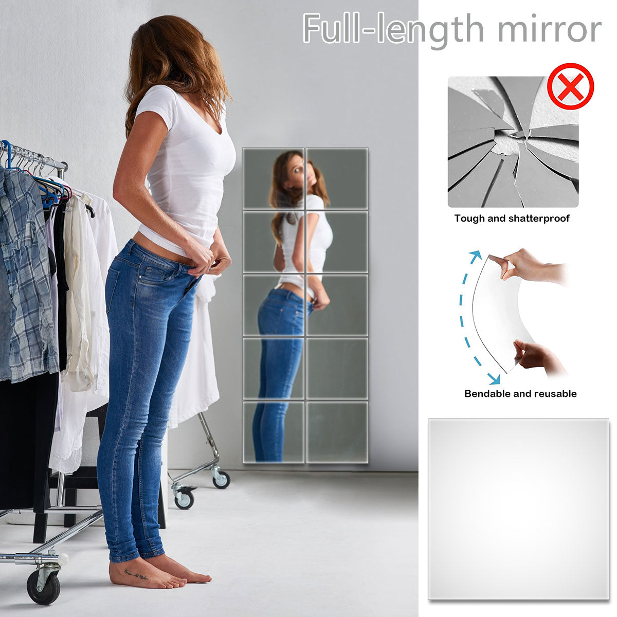 10pcs Mirror Sheets, Self Adhesive Non Glass Mirror, 12 x 12 Inch Ultra-thin Flexible Mirror Sheets, for Home Bedroom