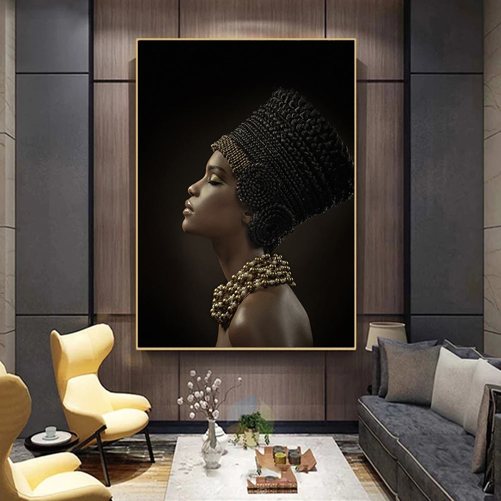 African Woman Wear Pearl Necklace Canvas Painting Wall Art Poster