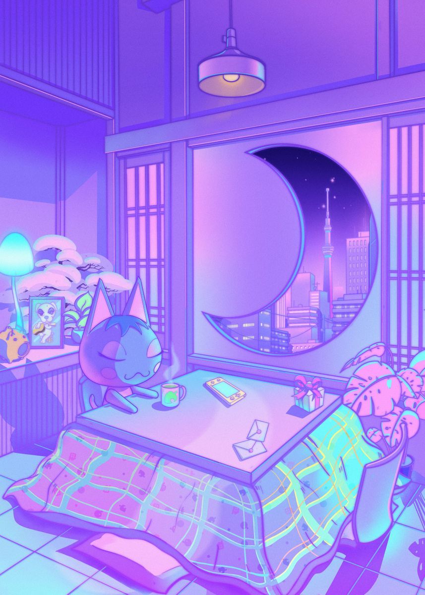 80s Vaporwave Style Poster City Night Street Cat