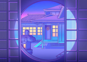 80s Vaporwave Style Poster City Night Street Cat