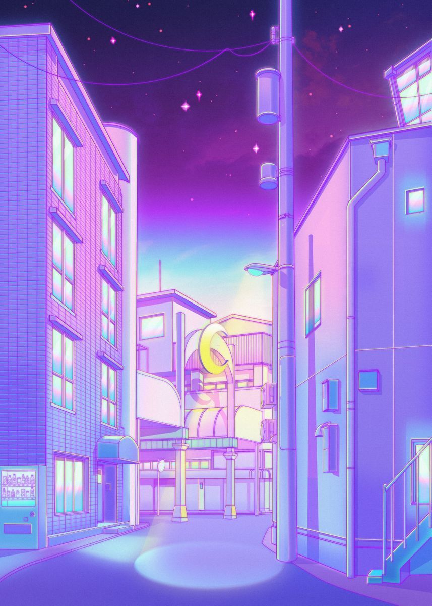 80s Vaporwave Style Poster City Night Street Cat