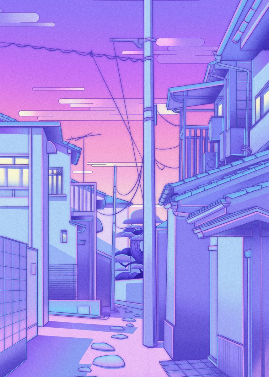 80s Vaporwave Style Poster City Night Street Cat