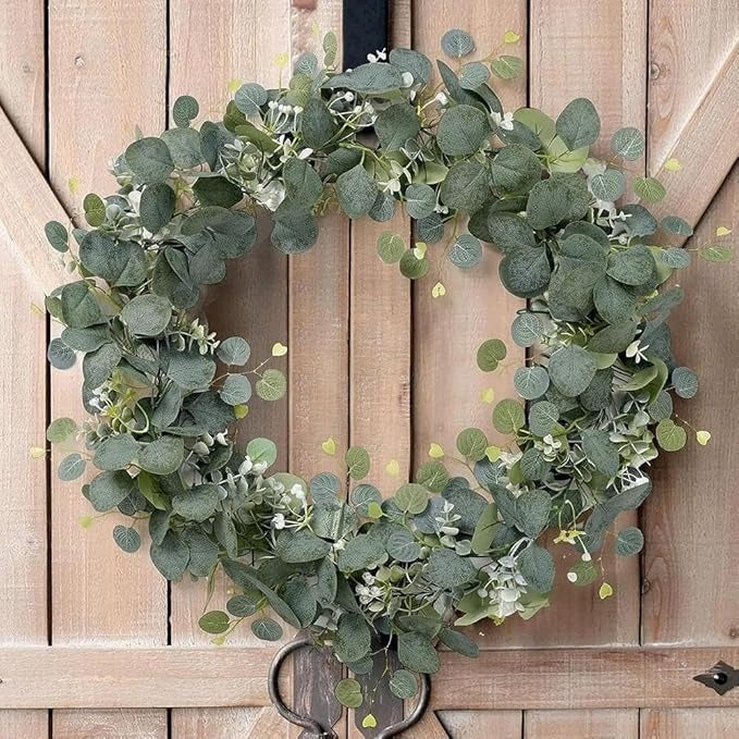 Artificial Silver Dollar Green Plant Wreath Vines And White Flowers For Weddings, Families, Party Tables, Fireplaces, Wall Decorations, Parties, Birthdays And Outdoor Decorations.