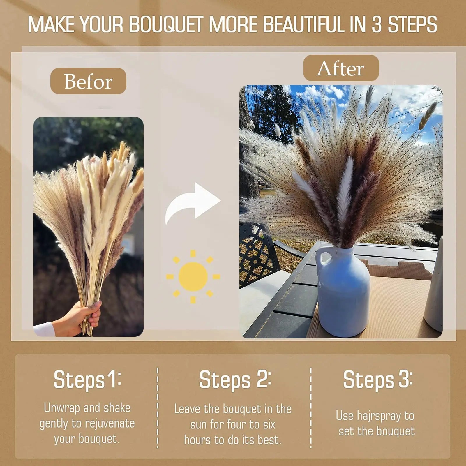 Dried Pampas Grass Decoration, Dry Flowers Bouquet Set for Living Room,Vase Arrangement,Wedding Bouquet Floral Home Decor