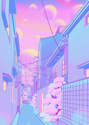 80s Vaporwave Style Poster City Night Street Cat