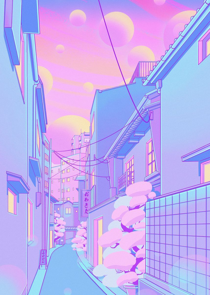 80s Vaporwave Style Poster City Night Street Cat