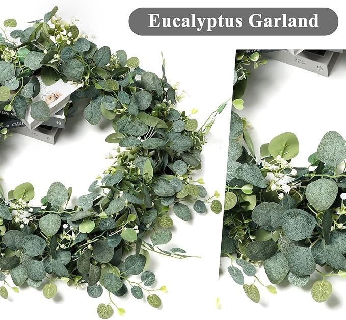 Artificial Silver Dollar Green Plant Wreath Vines And White Flowers For Weddings, Families, Party Tables, Fireplaces, Wall Decorations, Parties, Birthdays And Outdoor Decorations.